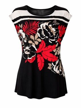 Laura Petite Floral Top Black Red Stretch Blouse Medium